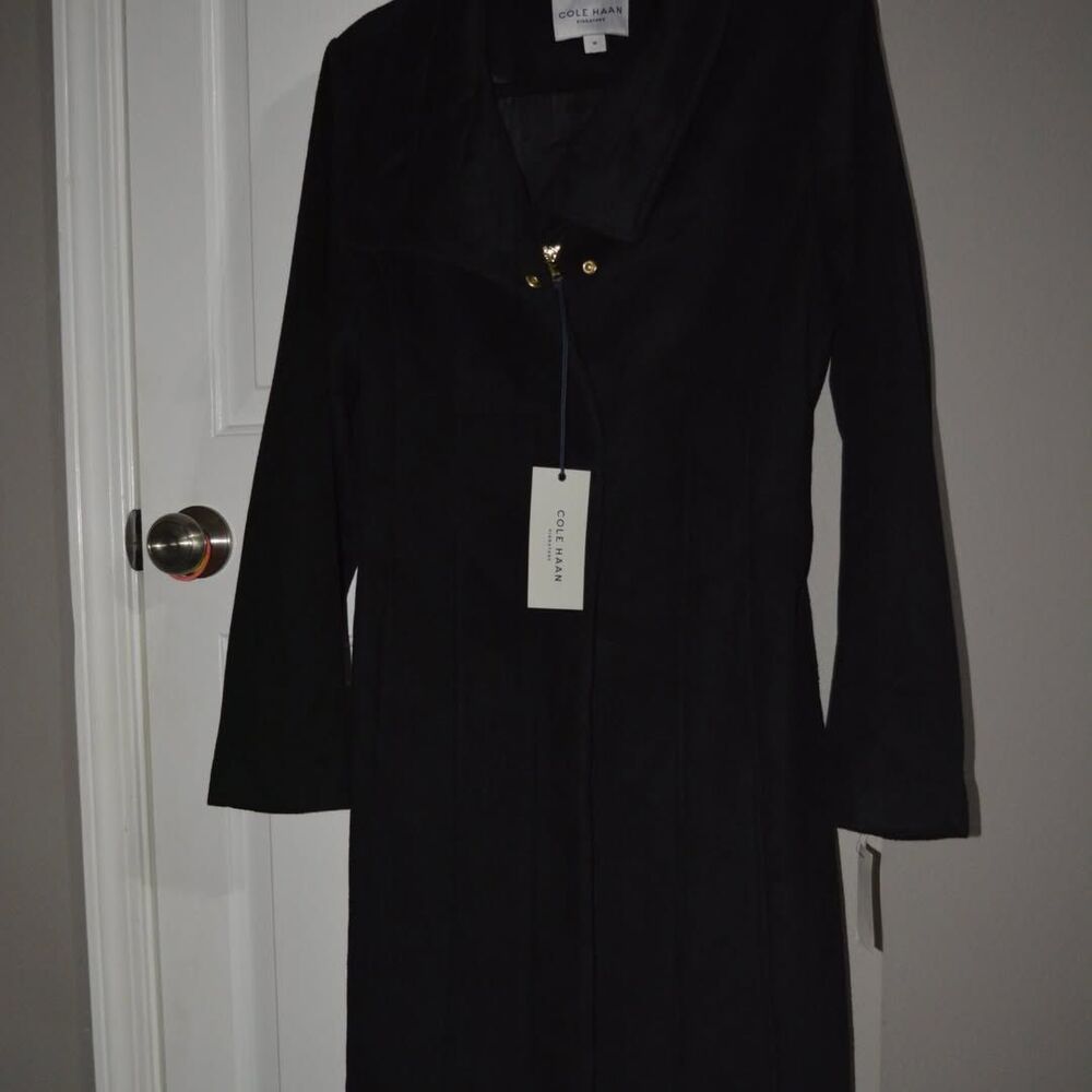 NWT Cole Haan Women's Slick Wool Long Zip-up Coat Black Size 10 MSRP $398
